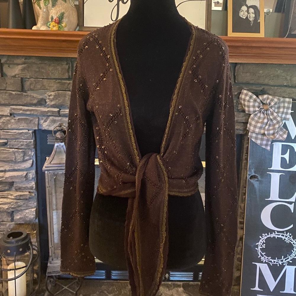 VTG Y2K Cache Brown Embellished Tie Knit Cardigan Sweater
